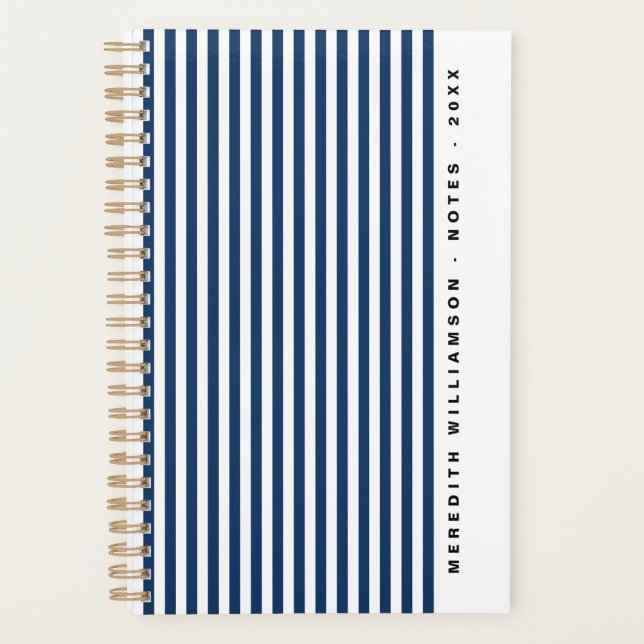 Elegant Navy Blue Stripe Modern Personalised  Planner (Front)