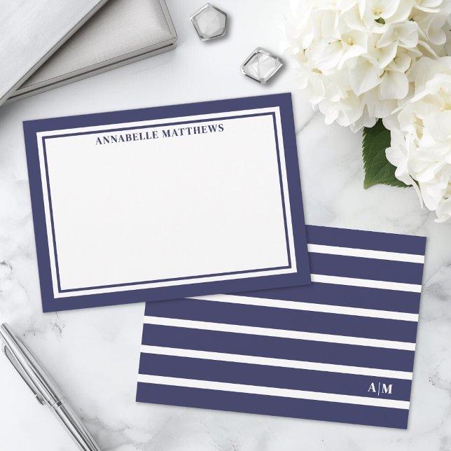 Elegant Navy Blue Striped Monogram Card (Elegant Navy Blue Striped Monogram Note Card )