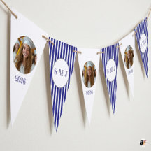 Elegant Navy Blue Striped Monogram & Custom Photo