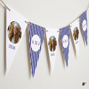 Elegant Navy Blue Striped Monogram & Custom Photo Bunting