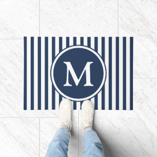 Elegant Navy Blue Stripes Monogram Doormat