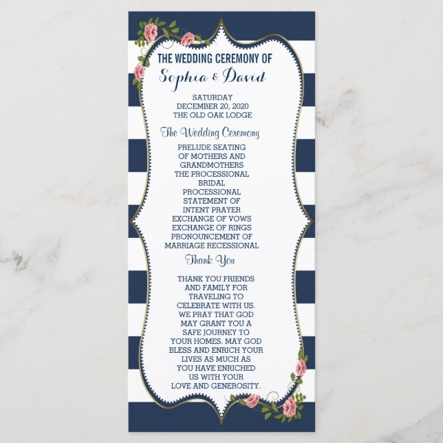 Elegant Navy Blue Stripes Wedding Ceremony Program Programme (Front)