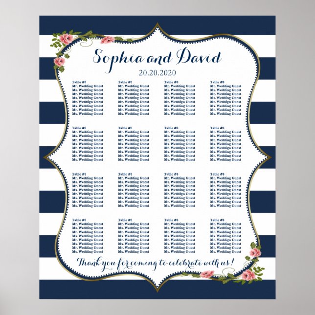 Elegant Navy Blue Stripes Wedding Seating Chart (Front)