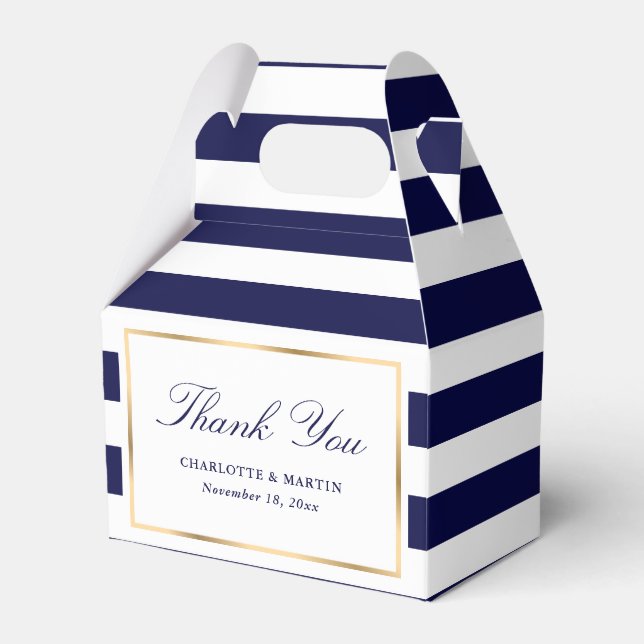 Elegant Navy Blue Stripes Wedding Thank You Favour Box (Front Side)