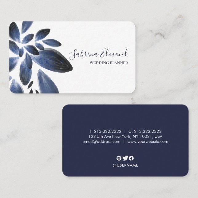 Elegant Navy Blue Succulent Foliage Signature Business Card (Front/Back)