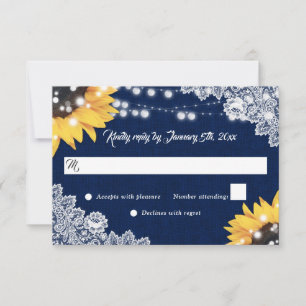 Elegant Navy Blue Sunflower Burlap Lace Wedding RSVP Card