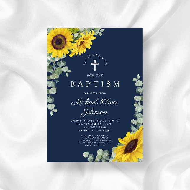 Elegant Navy Blue Sunflower Cross Baptism  Invitation (Elegant Navy Blue Sunflower Cross Baptism Invitation)