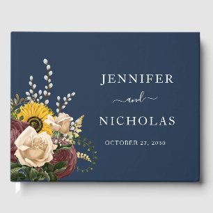 Elegant Navy Blue Sunflower Floral Wedding Guest Book