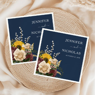 Elegant Navy Blue Sunflower Floral Wedding Napkin
