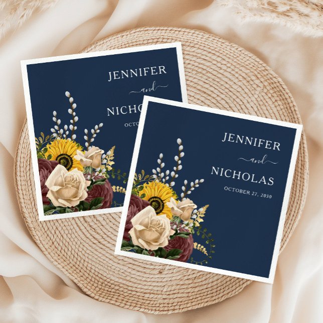 Elegant Navy Blue Sunflower Floral Wedding Napkin (Elegant Navy Blue Sunflower Floral Wedding Napkins)