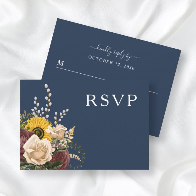 Elegant Navy Blue Sunflower Floral Wedding RSVP Card (Creator Uploaded)