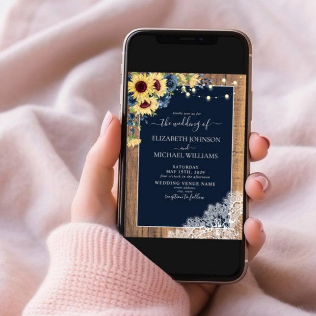 Elegant Navy Blue Sunflower Wood Lace Wedding Invitation (Creator Uploaded)