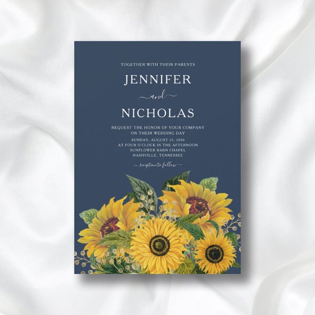 Elegant Navy Blue Sunflowers Wedding Invitation (Creator Uploaded)