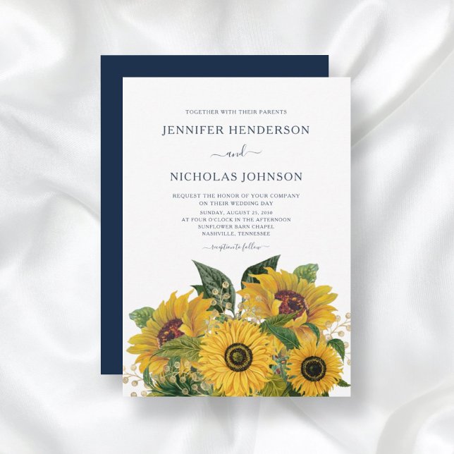 Elegant Navy Blue Sunflowers Wedding Invitation (Creator Uploaded)