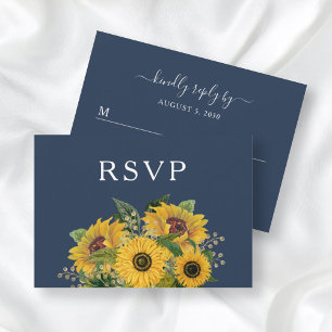 Elegant Navy Blue Sunflowers Wedding RSVP Card