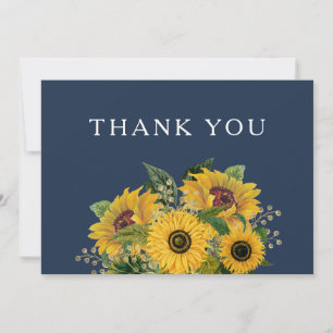 Elegant Navy Blue Sunflowers Wedding Thank You Card