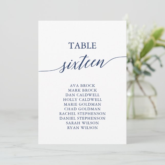 Elegant Navy Blue Table Number 16 Seating Chart (Standing Front)