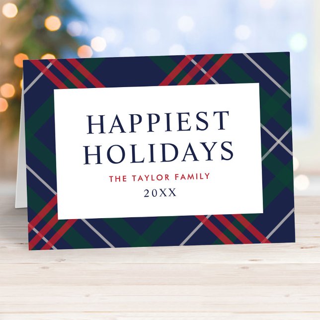 Elegant Navy Blue Tartan Plaid Happiest Holidays Holiday Card (Creator Uploaded)