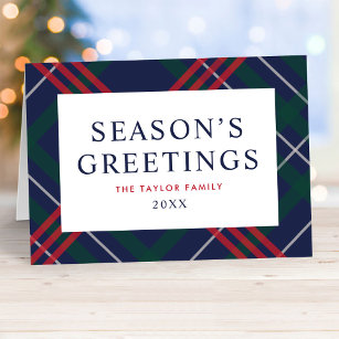 Elegant Navy Blue Tartan Plaid Seasons Greetings Holiday Card