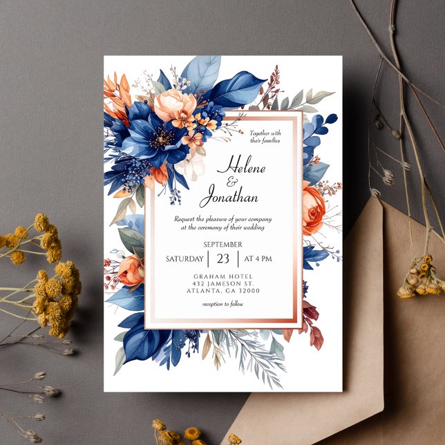 Elegant Navy Blue Terracotta Floral Boho Wedding Invitation (Elegant Navy Blue Terracotta Floral Boho Wedding Invitation)