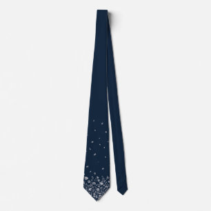 Elegant Navy Blue Tie with White Floral Accents