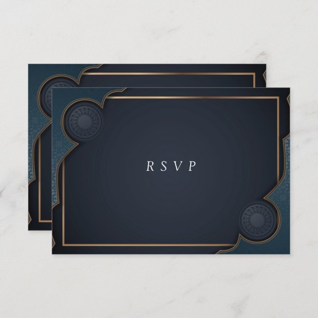 Elegant Navy Blue Turquoise and Gold Modern  RSVP Card (Front/Back)