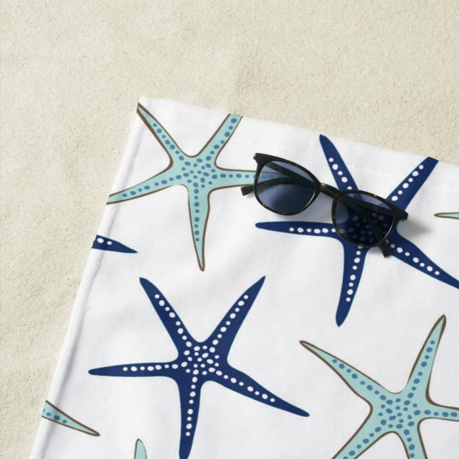 Elegant Navy blue Turquoise Star Fish Monogrammed Beach Towel (In Situ)