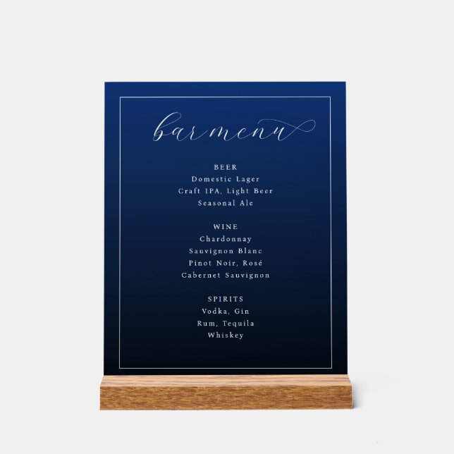 Elegant Navy Blue Typographic Bar Menu Acrylic Sign (Front)