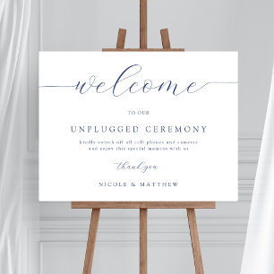 Elegant Navy Blue Unplugged Wedding Welcome Sign