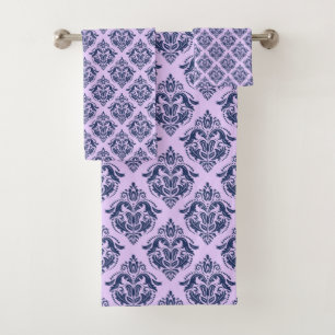 Elegant navy blue vintage damask on lavender bath towel set
