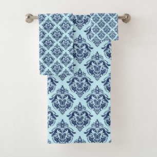 Elegant navy blue vintage damask on light blue bath towel set