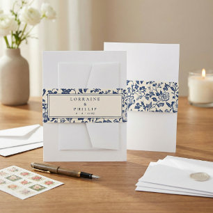Elegant navy blue vintage floral wedding names invitation belly band