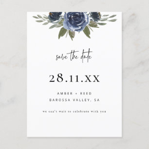 Elegant Navy Blue Watercolor Floral Save the Date Announcement Postcard