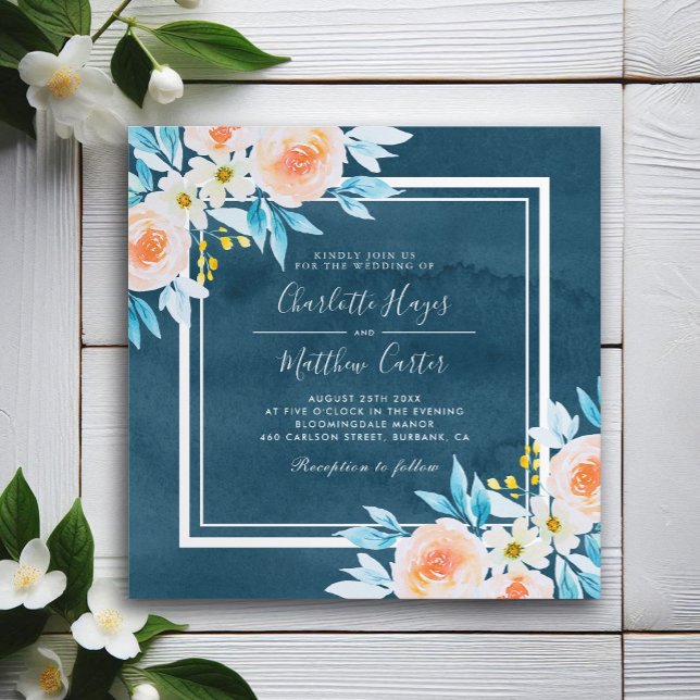 Elegant Navy Blue Watercolor Floral Square Wedding Invitation (Creator Uploaded)