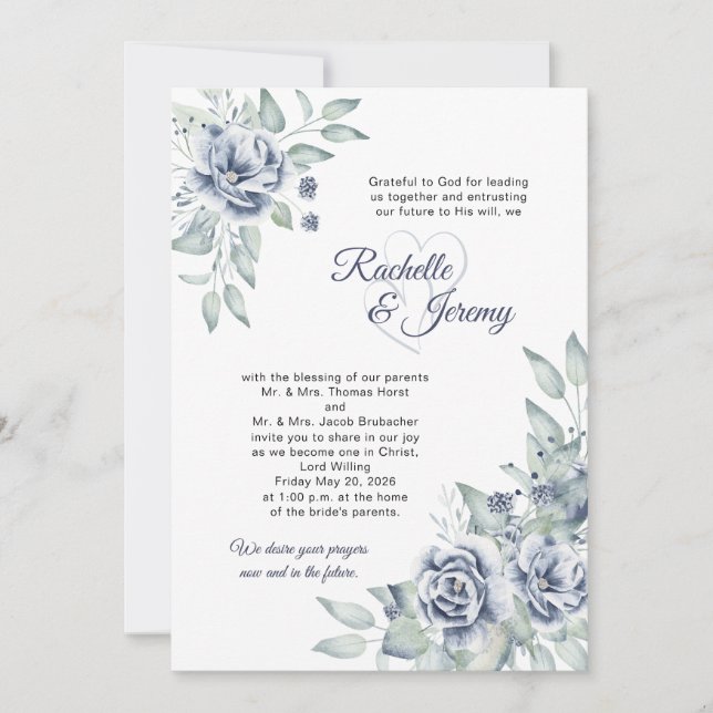 Elegant Navy Blue Watercolor Floral Wedding Invitation (Front)