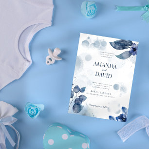 Elegant Navy Blue Watercolor Floral Wedding Invitation