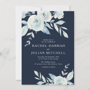 Elegant navy blue watercolor floral wedding invitation