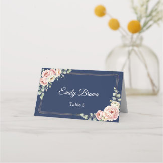 Elegant Navy Blue Watercolor Floral Wedding Place Card