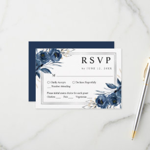 Elegant Navy Blue Watercolor Floral Wedding RSVP Card