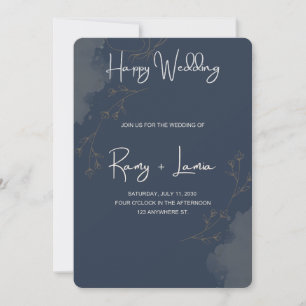 Elegant Navy Blue Watercolor Gold Butterfly Invitation