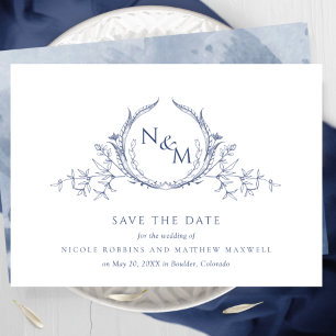 Elegant Navy Blue Watercolor Monogram Save The Date