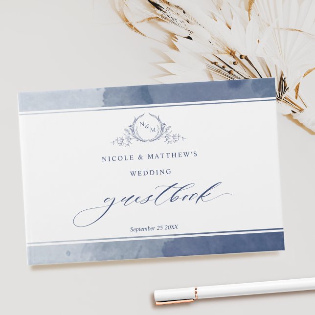 Elegant Navy Blue Watercolor Monogram Wedding Guest Book (Creator Uploaded)