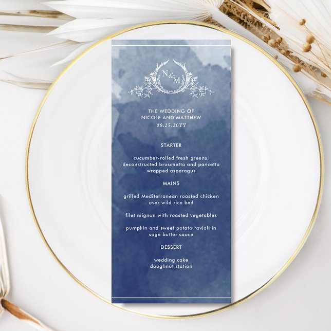 Elegant Navy Blue Watercolor, Monogram Wedding Menu (Creator Uploaded)