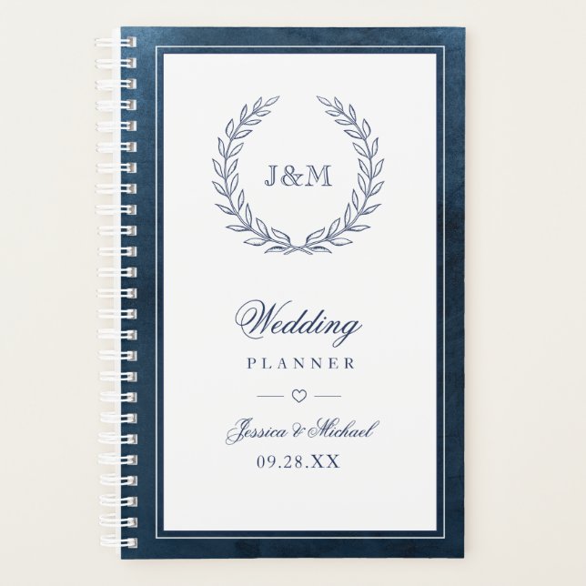 Elegant Navy Blue  Watercolor Monogram Wedding Planner (Front)