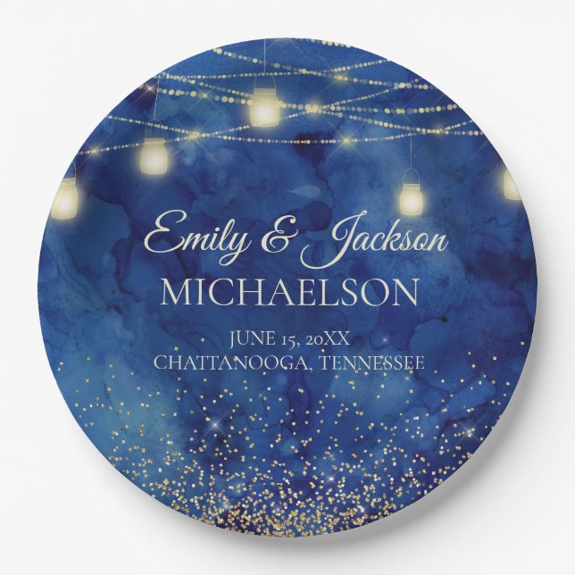 Elegant Navy Blue Watercolor String Lights Wedding Paper Plate (Front)