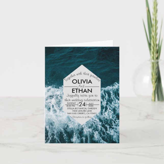 Elegant Navy Blue Waves Summer Beach Wedding Invitation (Front)