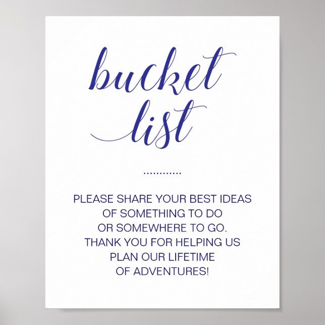 Elegant Navy Blue Wedding Bucket List Ideas Sign (Front)