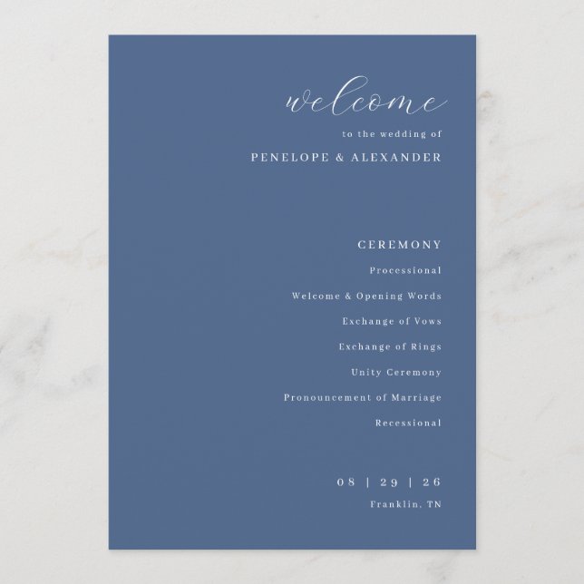 Elegant Navy Blue Wedding Ceremony Schedule Programme (Front)