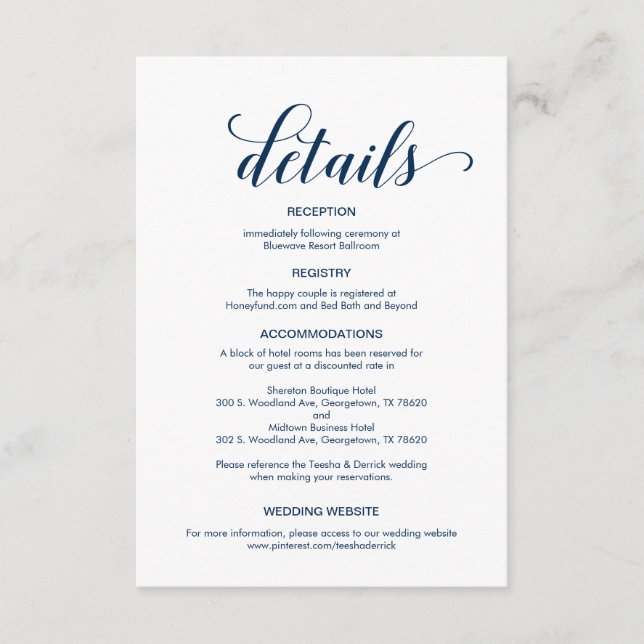 Elegant Navy Blue, Wedding Details Information Enclosure Card (Front)