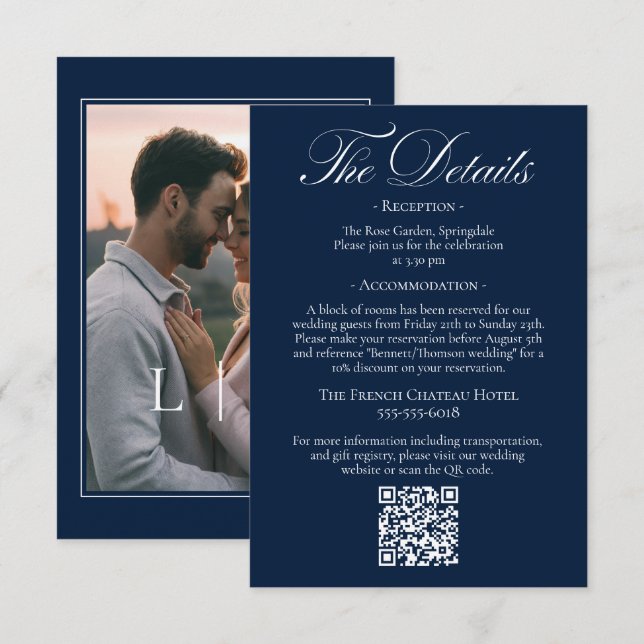 Elegant Navy Blue Wedding Details QR-code Enclosure Card (Front/Back)